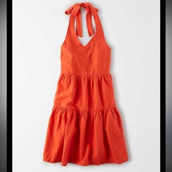 ❤️2/$30❤️[S]American Eagle Bold Orange Red Linen Blend Halter Sun Dress - Picture 1 of 10